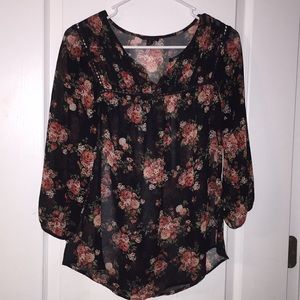 Shear, black, flowered blouse